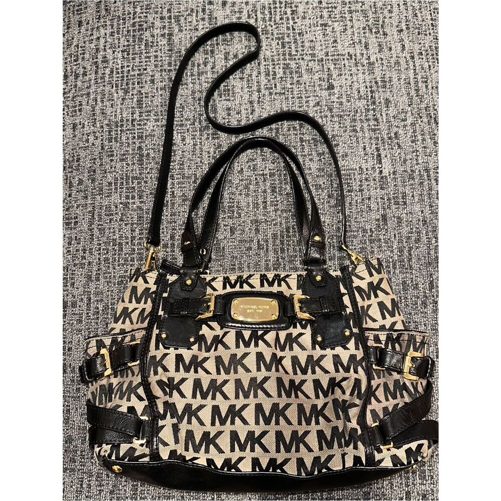 Michael Kors Large Zip Crossbody Bag with Top Handle Black canvas Monogram